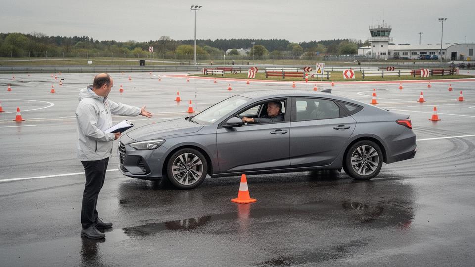 Instructor coaching an experienced driver through a hazard avoidance manoeuvre on a closed training course