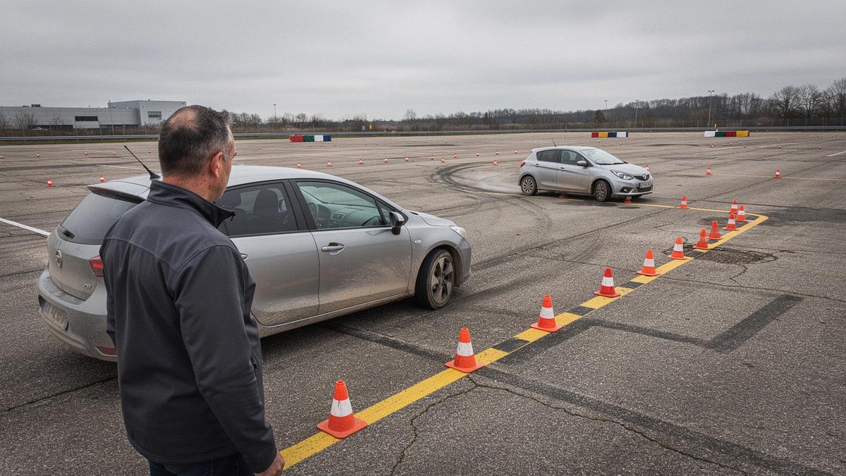 Instructor and driver reviewing a skid recovery drill on a closed training course